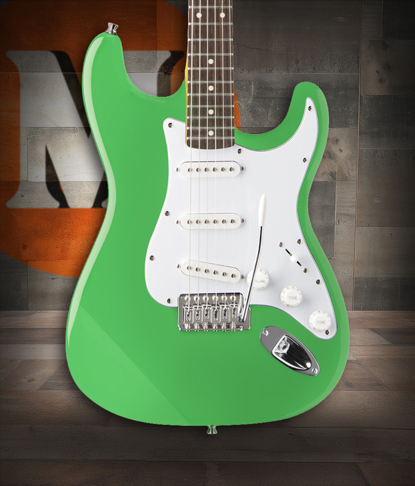 Oscar Schmidt OS-300-SFG-A Double Cut Electric Guitar in Surf Green finish with three single-coil pickups and maple neck.