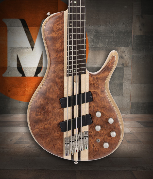Cort A5BEYONDOPBN Artisan Series A5 Beyond 5-String Bass Guitar featuring Bubinga top, neck-through construction, Bartolini pickups, and Open Pore Natural finish – available at Musician Madness.