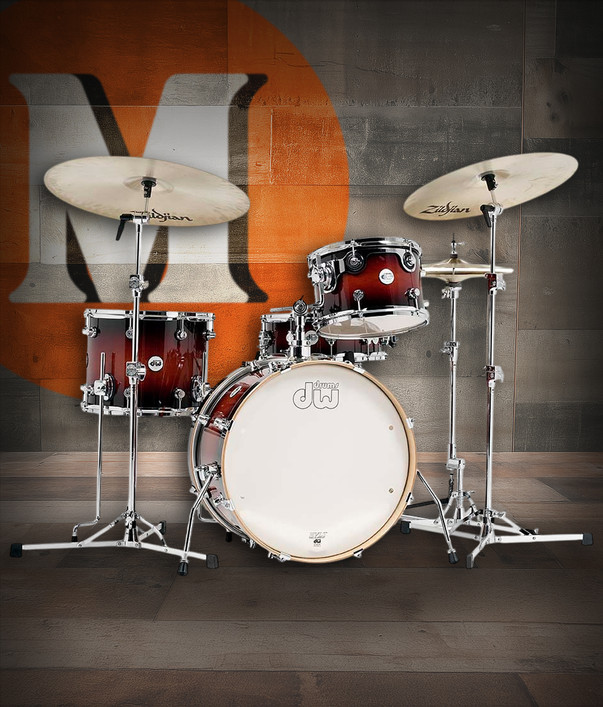 DW Design Frequent Flyer 4-Piece Drum Set in Tobacco Burst finish featuring 20" bass drum, maple shells, and compact professional setup – available at Musician Madness.