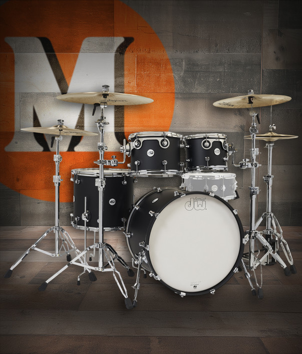 DW Design Series 4-Piece Drum Set in Black Satin finish featuring 22" bass drum, maple shells, chrome hardware, and professional DW craftsmanship – available at Musician Madness.