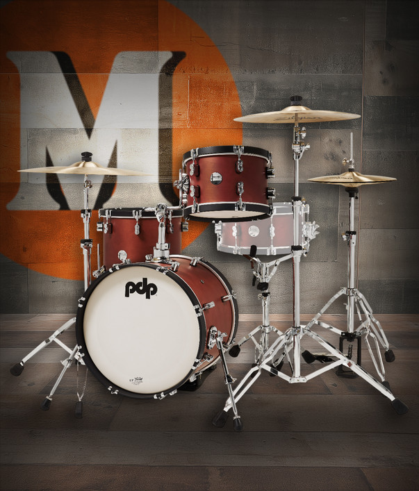 PDP PDCC1803OE Classic Bop Kit 4-piece drum set in Ox Blood finish with Ebony hoops featuring maple shells, vintage tone, and compact jazz design - available at Musician Madness.