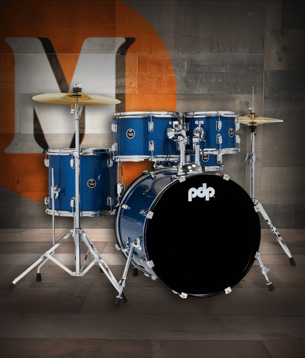 PDP PDCE2015KTRB Centerstage 5-Piece Drum Set in Royal finish with hardware, cymbals, and drum throne featuring poplar shells and everything needed to play – available at Musician Madness.