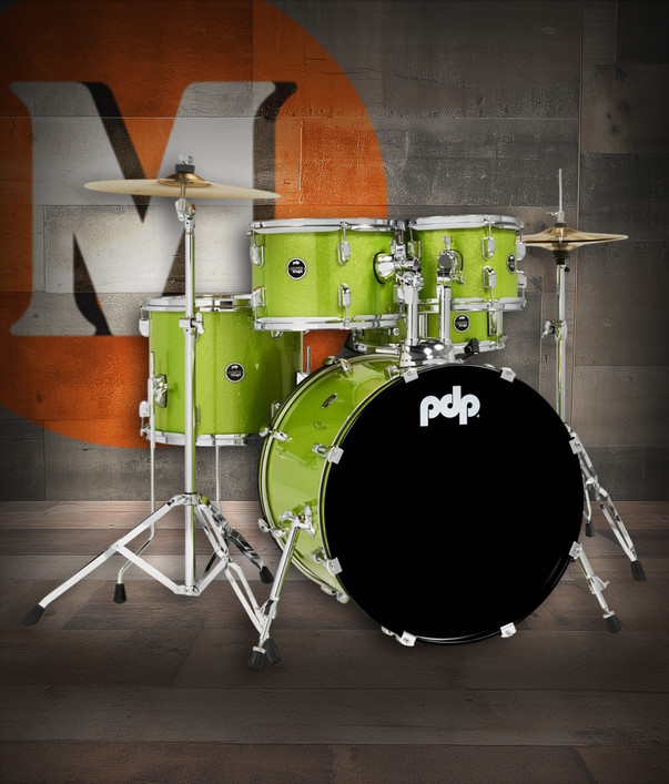 PDP PDCE2015KTEL Centerstage 5-Piece Drum Set in Electric Green finish with hardware, cymbals, and throne featuring poplar shells and complete setup - available at Musician Madness.