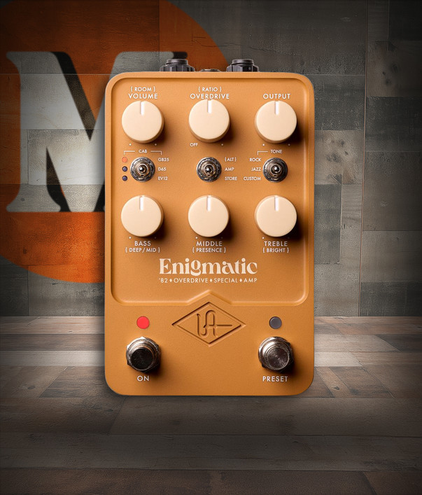 Universal Audio UA-ENIGMATIC Enigmatic '82 Overdrive Special Amplifier Emulation Pedal featuring UAFX design, dual footswitches, and boutique amp tone modeling.