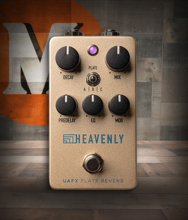 Universal Audio HEAVENLY Plate Reverb Pedal featuring sleek UAFX design, dual footswitches, and authentic studio-grade plate reverb modeling for guitar and bass.