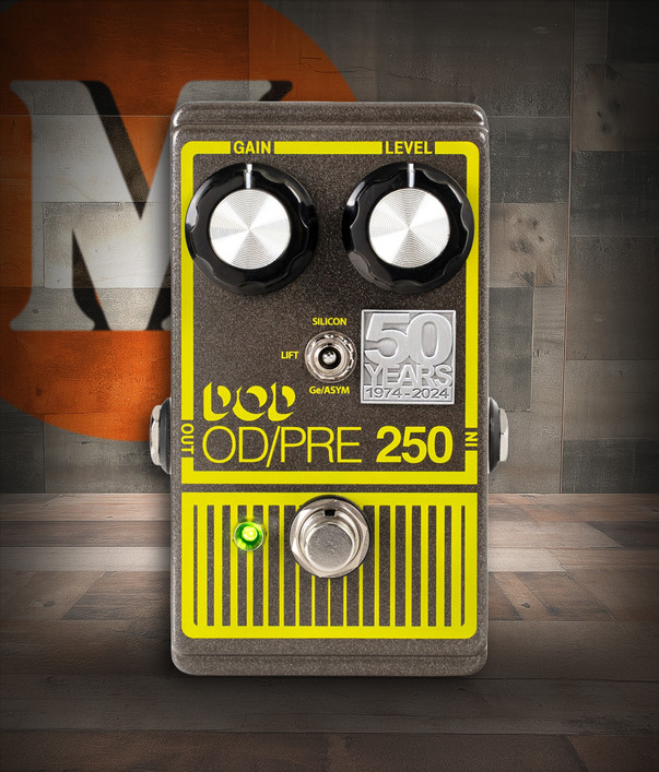 Digitech DOD-250-50TH Overdrive Preamp 250 50th Anniversary Edition pedal featuring classic yellow finish, dual controls, and reissued circuitry honoring the original 1970s tone.