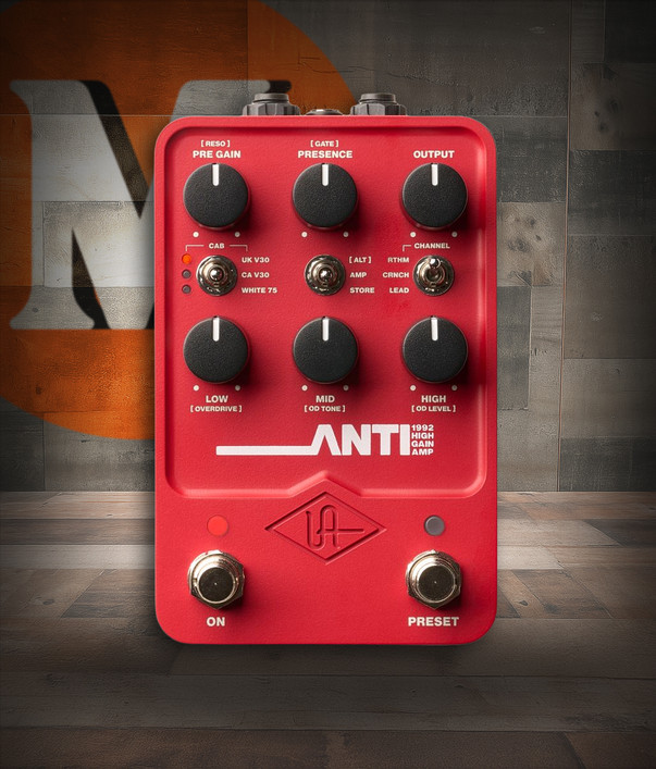 UAD UA-ANTI 1992 High Gain Amp Emulator Pedal featuring dual footswitches, precision tone controls, and authentic UAFX modeling for aggressive high-gain guitar tones.