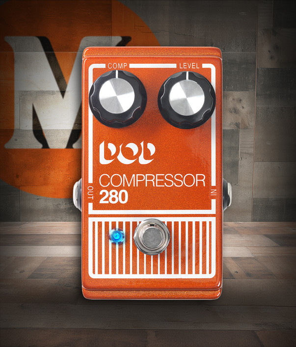 Digitech DOD280-14 Compressor 280 pedal featuring bright orange finish, two easy-to-use level and compression knobs, and smooth signal control for guitar or bass players.