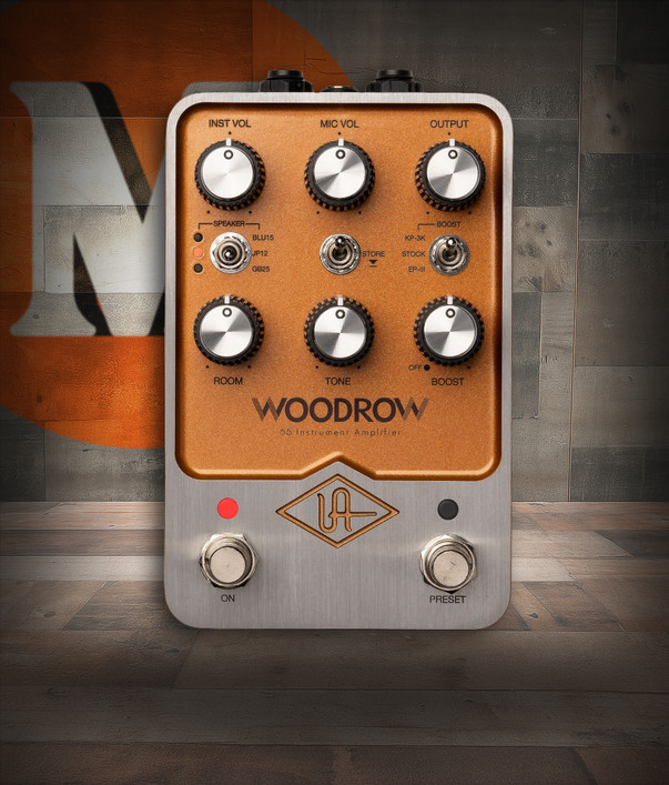 Universal Audio WOODROW '55 Instrument Amplifier pedal featuring vintage-style controls, dual footswitches, and authentic UAFX modeling of classic tweed amp tones.