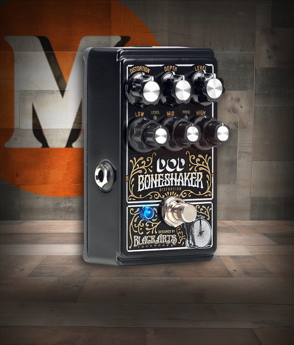 Digitech DOD-BONESHAKER Distortion Pedal featuring black and bronze housing, three-band EQ, and gain control for deep, aggressive tones and powerful low-end punch.