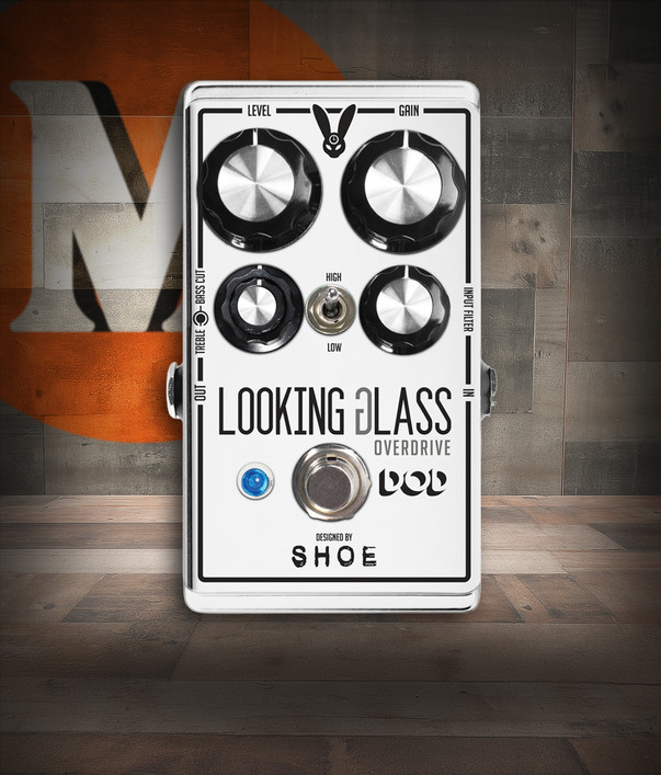 Digitech DOD-LOOKINGGLASS Looking Glass Overdrive Pedal featuring mirrored silver finish, dual gain controls, and classic transparent drive circuit for expressive tone shaping.