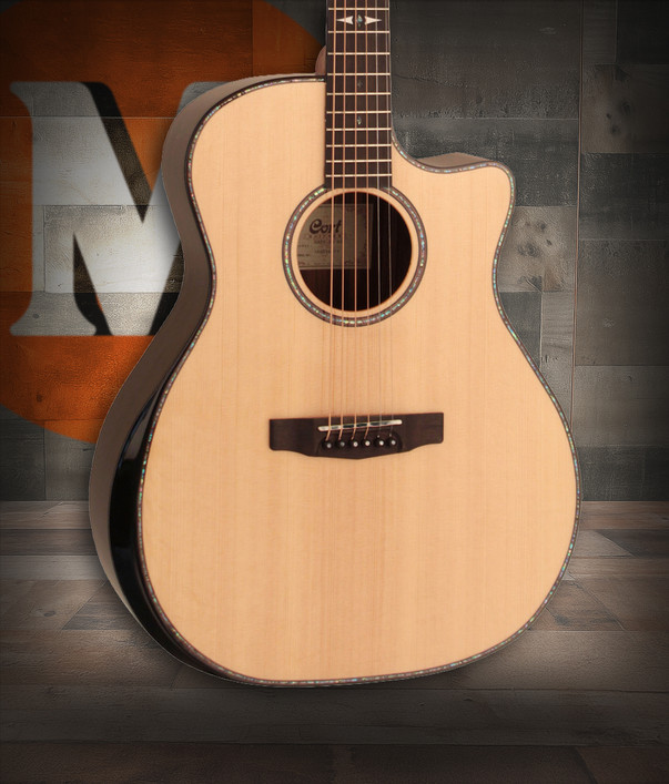 Cort GAPFBEVELNAT Grand Regal Acoustic Cutaway Guitar in natural glossy finish featuring an arm bevel, spruce top, mahogany back and sides, and Grand Auditorium body shape.