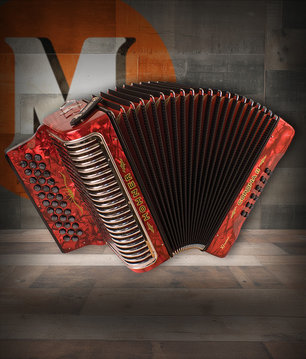 Hohner CXER Corona II XTREME EAD Accordion in pearl red finish featuring three-row diatonic button layout and durable build for authentic Tejano and Norteño performance.