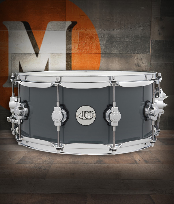 DW Design Series 14" x 6" Snare Drum - Steel Grey (DDLG0614SSSG) featuring an all-maple shell, chrome hardware, and sleek finish for balanced tone and studio-grade performance.
