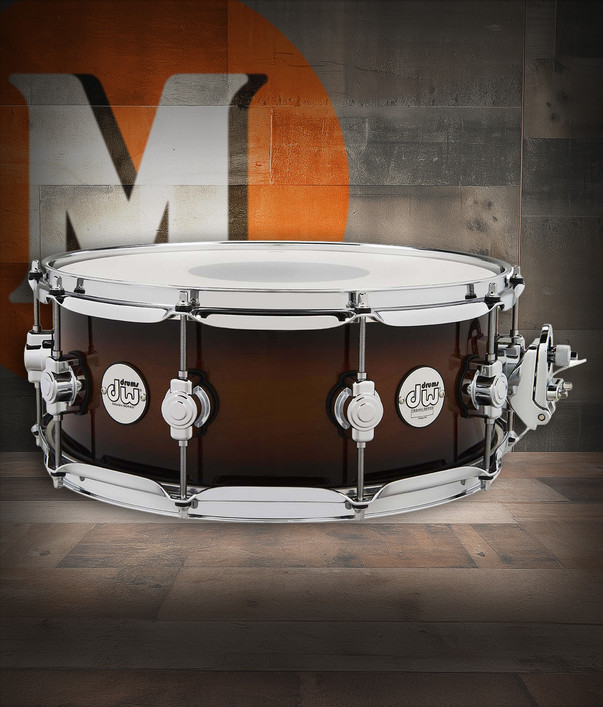 DW Design Series 14" x 5.5" Maple Snare Drum – Tobacco Burst (DDLG5514SSTB) featuring a 10-ply maple shell, chrome hardware, and rich tone with smooth response and classic DW design.
