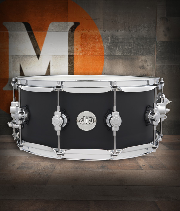 DW Design Series 14" x 6" Snare Drum - Black Stain (DDLM0614SSBL) featuring an all-maple shell, satin black finish, and smooth, balanced tone for studio and live applications.