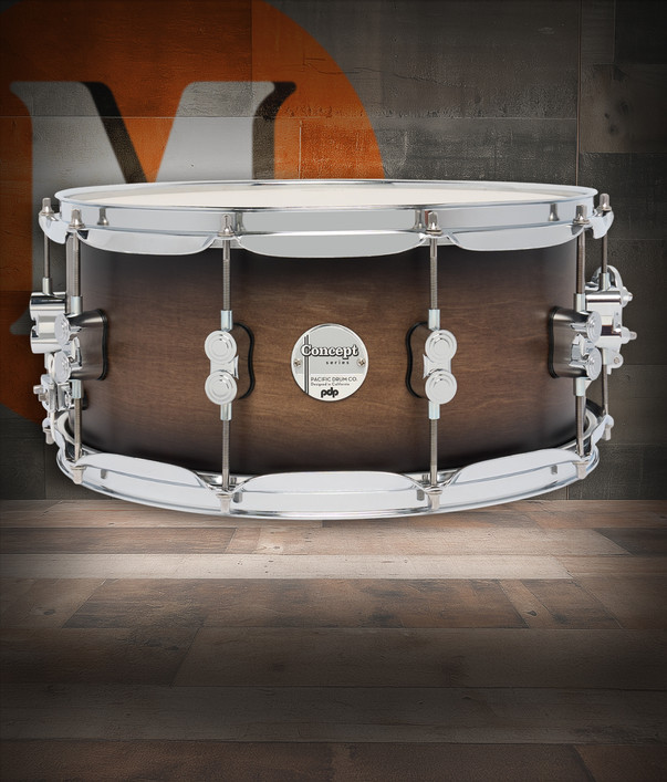 PDP Concept Maple 6.5x14 Snare Drum in Satin Charcoal Burst Lacquer finish with maple shell and chrome hardware, offering warm tone and sleek, contemporary style.