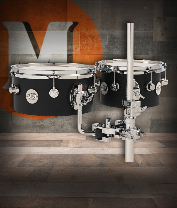DW Design Series Concert Toms 5x8 and 5x10 in Black Satin Lacquer finish with chrome hardware – premium DW percussion tone – Musician Madness