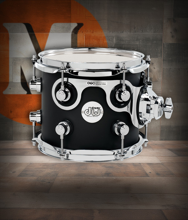 DW Design Series 7x8 Maple Suspended Tom in Black Satin Lacquer with maple shell and chrome hardware – warm tone and sleek finish – Musician Madness