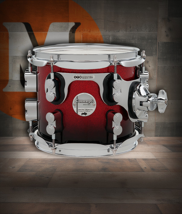 PDP Concept Maple 7x8 Suspended Tom in Red to Black Fade Lacquer with chrome hardware and maple shell – rich tone and striking finish – Musician Madness