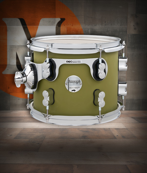 PDP Concept Maple 8x10 Suspended Tom in Satin Olive Finish Ply with chrome hardware and maple shell – warm tone and sleek modern design – Musician Madness