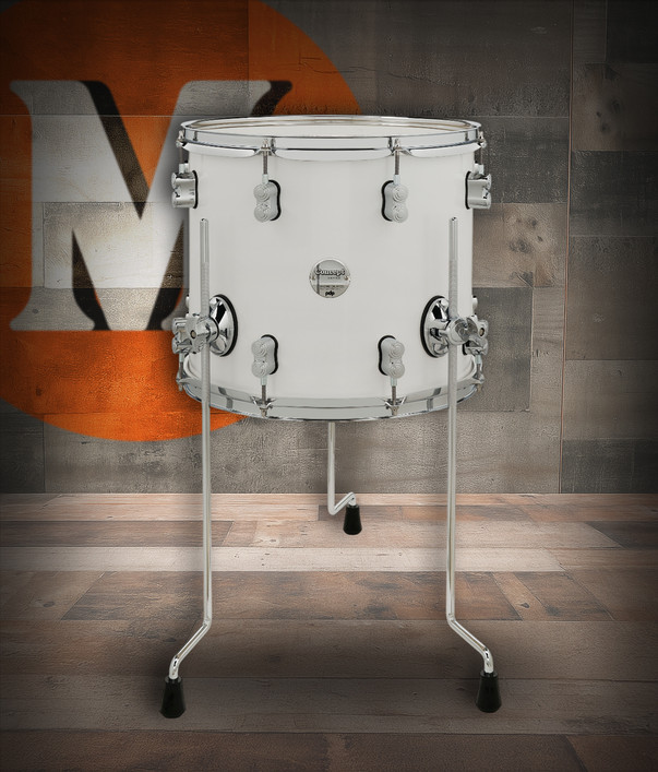 PDP Concept Maple 12x14 Floor Tom in Pearlescent White Lacquer with chrome hardware and maple shell – bright tone and classy finish – Musician Madness