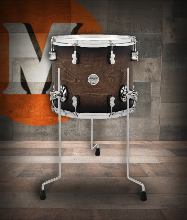 PDP Concept Maple 12x14 Floor Tom in Satin Charcoal Burst finish with chrome hardware and maple shell – rich tone and modern satin design – Musician Madness