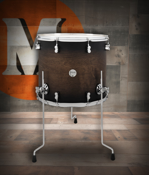 PDP Concept Maple 16x18 Floor Tom in Satin Charcoal Burst Lacquer with chrome hardware and maple shell – bold tone and refined satin finish – Musician Madness