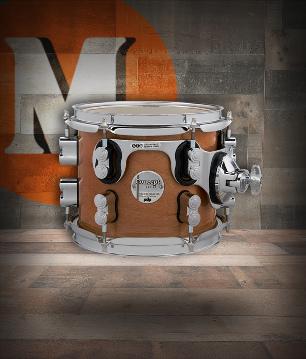 PDP Concept Maple Exotic 7x8 Suspended Tom in Natural Honey Mahogany finish with chrome hardware and maple shell - rich tone and striking exotic wood look - Musician Madness