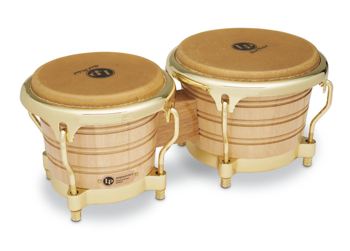 Latin Percussion LP 7-1/4" and 8-5/8" Generation II Bongos – Natural Finish with Gold Hardware (LP201AX-2AW) – handcrafted LP bongos with oak shells and premium tone, available at Musician Madness.