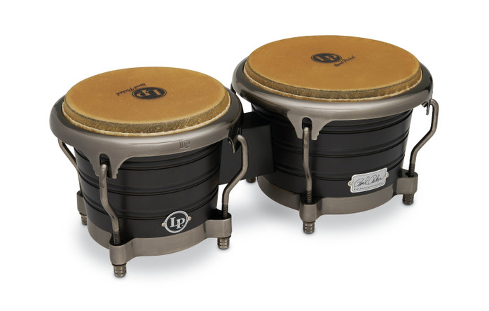 Latin Percussion LP Raul Rekow Signature 7-1/4" and 8-5/8" Bongos – Dark Walnut with Black Satin Hardware (LP201AX-2RRB) – handcrafted LP signature series bongos, available at Musician Madness.