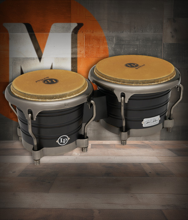 Latin Percussion LP Raul Rekow Signature 7-1/4" and 8-5/8" Bongos – Dark Walnut with Black Satin Hardware (LP201AX-2RRB) – handcrafted LP signature series bongos, available at Musician Madness.