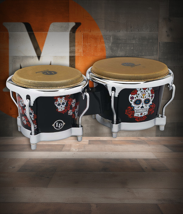 Latin Percussion LP Karl Perazzo Signature CCII 7-1/4"–8-5/8" Fiberglass Bongos – Skull Artwork with Chrome Hardware (LP794X-KP) – signature LP bongos with high projection, available at Musician Madness.