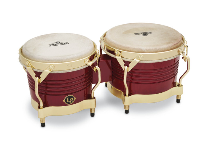 Latin Percussion LP Matador Traditional 7-1/4"–8-5/8" Oak Bongos – Red Finish with Gold Hardware (M201-RW) – premium LP Matador bongos, available at Musician Madness.