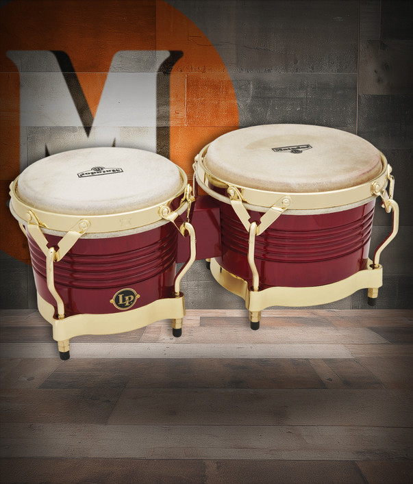 Latin Percussion LP Matador Traditional 7-1/4"–8-5/8" Oak Bongos – Red Finish with Gold Hardware (M201-RW) – premium LP Matador bongos, available at Musician Madness.