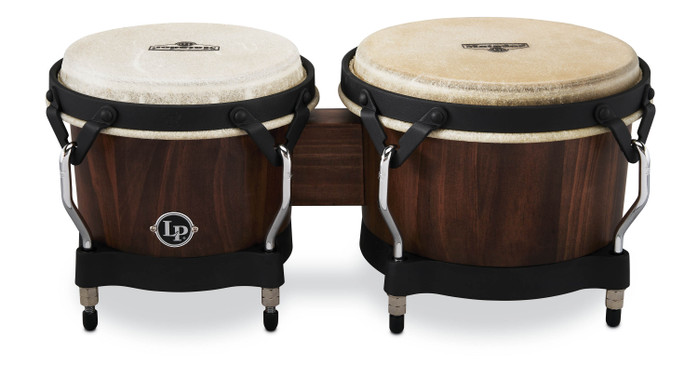 Latin Percussion LP Matador Traditional 7-1/4"-8-5/8" Oak Bongos - Whiskey Barrel Finish with Black Hardware (M201-WB) - stylish LP Matador bongos with warm tone, available at Musician Madness.