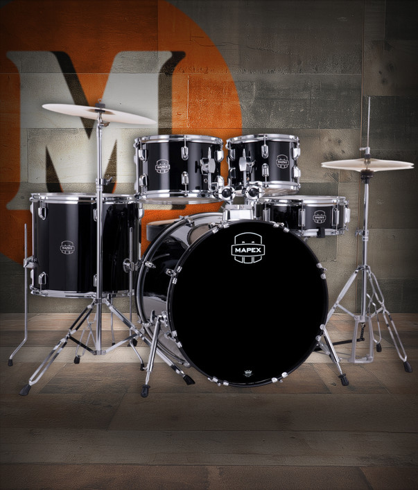 Mapex CM5294FTCDK Comet 5-Piece Complete Drum Set in Dark Black with hardware and cymbals, available at Musician Madness.
