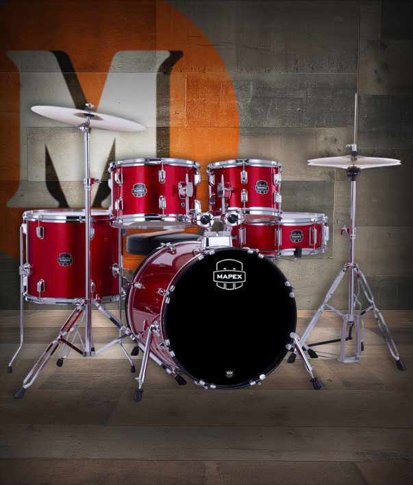 Mapex CM5844FTCIR Comet 5-Piece Drum Set with 18” bass drum in Infra Red, complete with hardware and cymbals.
