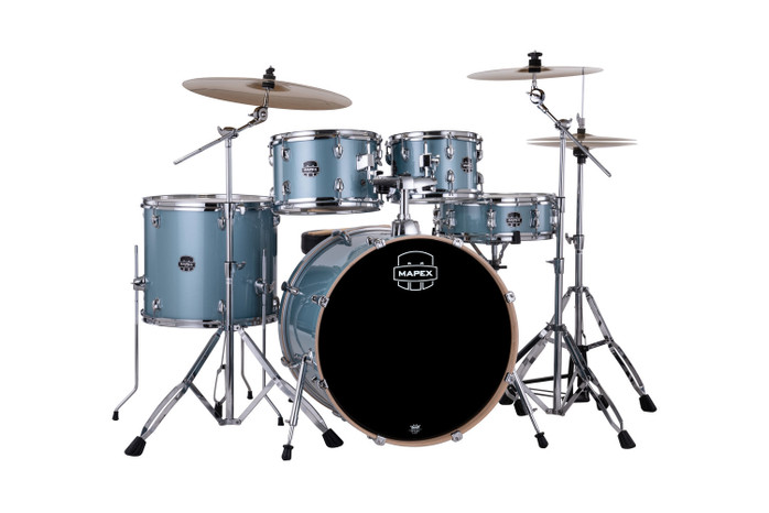 Mapex VE5295FTCVJ Venus 5-Piece Rock Drum Set in Aqua Blue Sparkle with full hardware and cymbal pack.