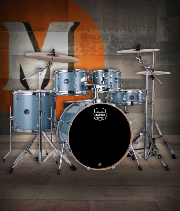 Mapex VE5295FTCVJ Venus 5-Piece Rock Drum Set in Aqua Blue Sparkle with full hardware and cymbal pack.