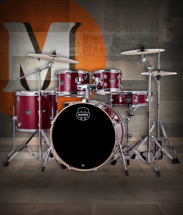 Mapex VE5295FTCVM Venus 5-Piece Rock Drum Set in Crimson Red Sparkle with hardware and cymbal pack.