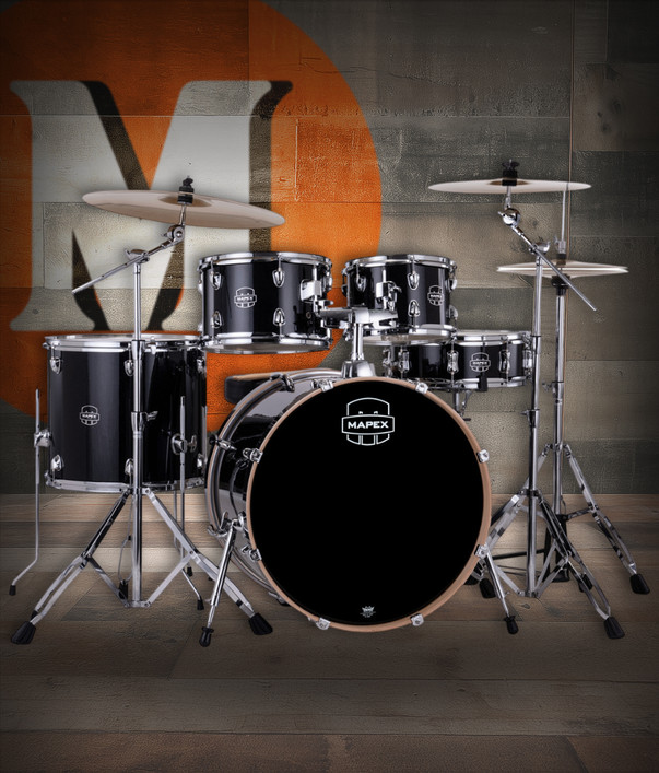 Mapex VE5295FTCVH Venus 5-Piece Rock Drum Set in Black Galaxy Sparkle with hardware and cymbal pack.