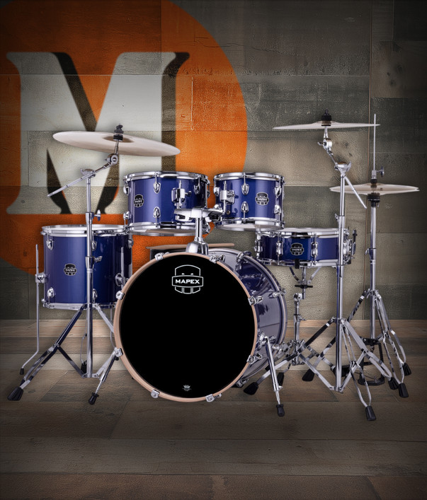 Mapex VE5045FTCVI Venus 5-Piece Fusion Drum Set in Blue Sky Sparkle with hardware and cymbals.