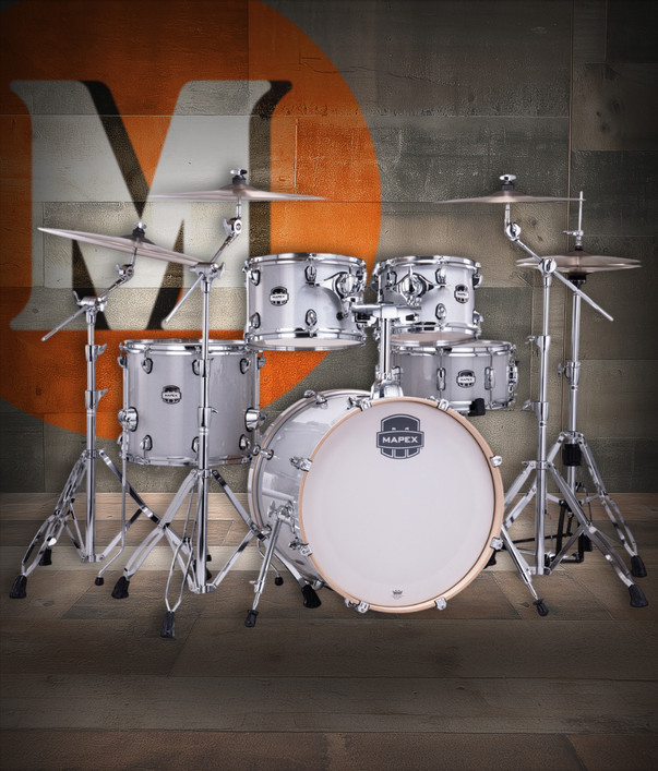Mapex MA504SFDT Mars Birch 5-Piece Fusion Shell Pack in Diamond Sparkle finish.