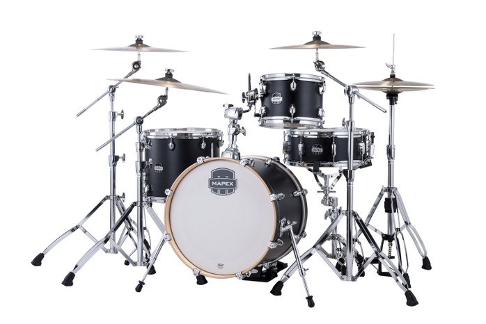 Mapex Mars Maple Bop Shell Pack in Matte Black featuring 100% maple shells, compact jazz-style sizes, SONIClear bearing edges, and punchy articulation ideal for smaller venues.
