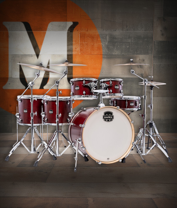 Mapex Mars Maple Studioease Shell Pack in Merlot Satin featuring 100% maple shells, versatile Studioease configuration, SONIClear bearing edges, and balanced tone suited for studio musicians.