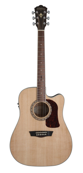 Washburn D10SCE Heritage 10 Series Acoustic-Electric Guitar in Natural featuring a solid spruce top, dreadnought cutaway body, built-in electronics, and versatile tone for stage or studio.