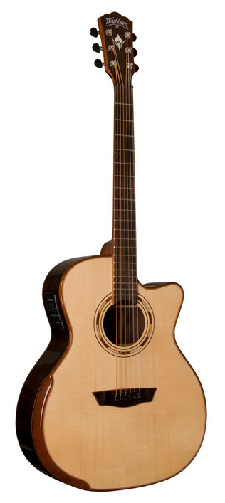Washburn G25SCE Comfort Deluxe 25 Series Acoustic-Electric Guitar in Natural featuring a grand auditorium cutaway body, solid top, ergonomic comfort contouring, and onboard electronics for professional tone and playability.