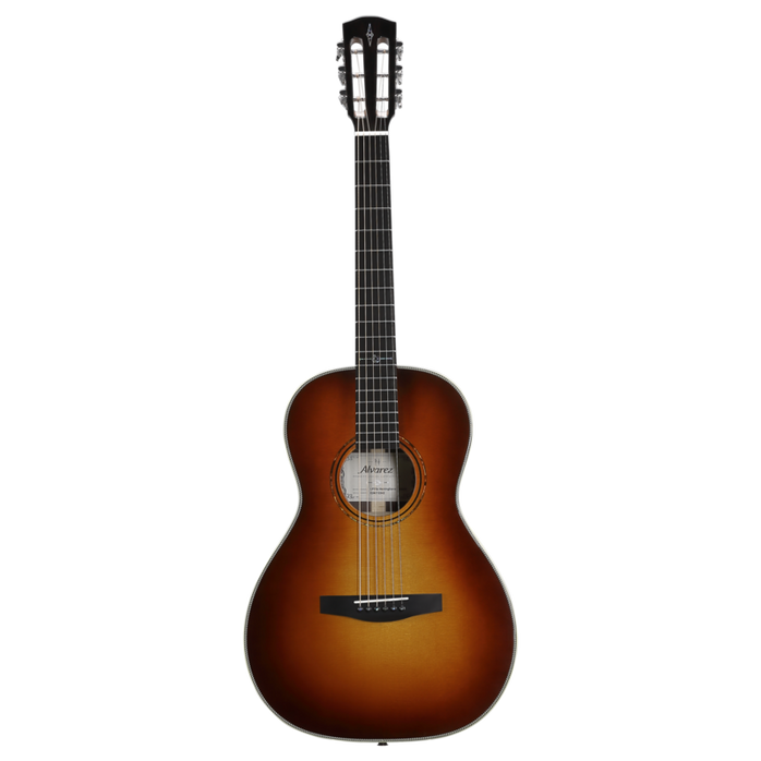 Alvarez Laureate LP70e Parlor Acoustic-Electric Guitar in Herringbone Sunset featuring a compact parlor body, warm vintage-style voice, classic herringbone detailing, and onboard electronics for studio and stage use.