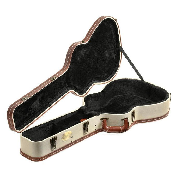 Alvarez FC1 Deluxe Folk/OM Guitar Wood Case featuring a durable wooden exterior, plush interior padding, secure metal latches, and a form-fitted design for protecting Folk and OM acoustic guitars.